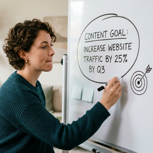 A professional setting a content strategy goal to boost web traffic on a whiteboard in a home office.