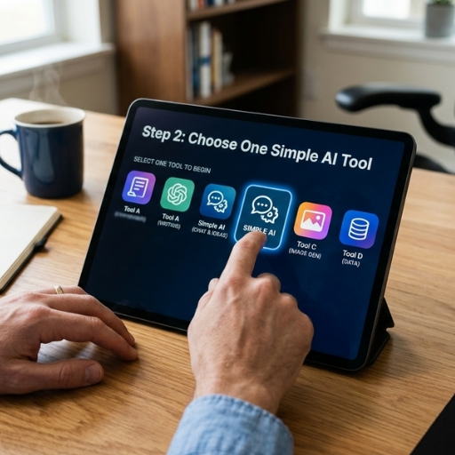 User interface on a tablet screen showing an interactive menu to select a simple AI tool for beginner business automation.