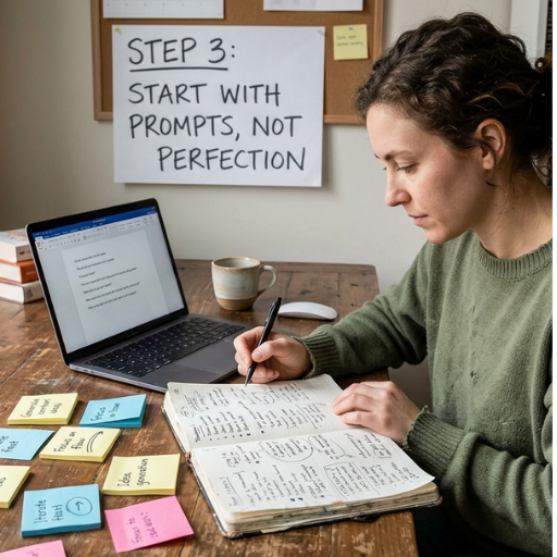 A content creator practicing iterative drafting with a laptop and handwritten notes, focused on "Idea generation" and "Prompts, not perfection."