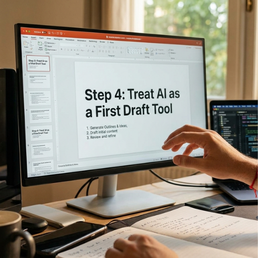 A professional workstation showing a digital slide on using AI as a first draft tool for content creation and outlining.