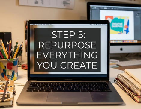 Digital marketing slide on a laptop screen titled "Step 5: Repurpose Everything You Create" in a modern workspace.