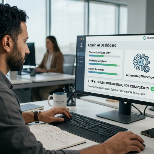A digital marketing professional monitoring an AI dashboard focused on building consistency and streamlining automated workflows in a modern office.