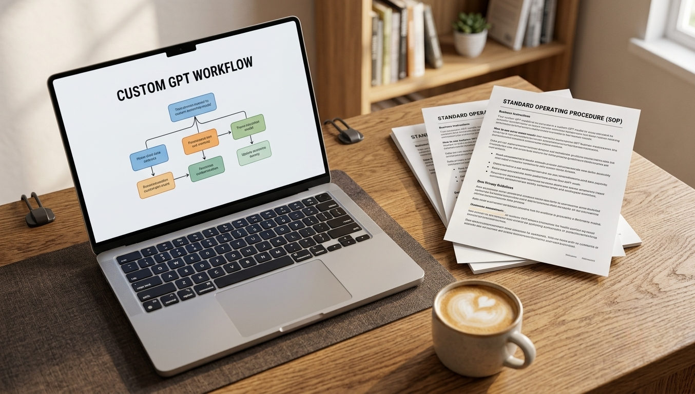 Laptop on a professional neutral-toned desk displaying a custom GPT workflow alongside printed SOP documents