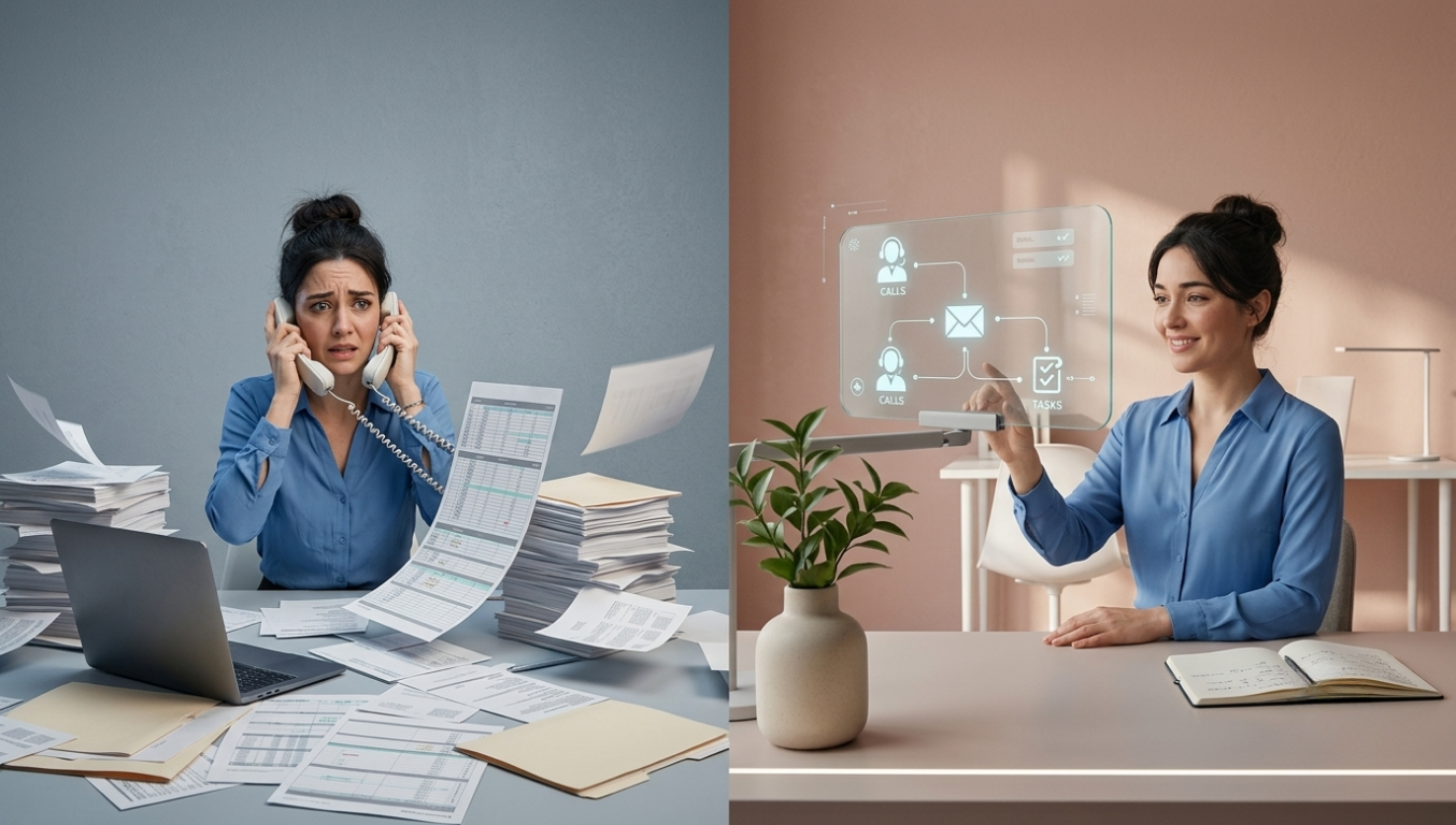 Comparison of a stressed small business owner before AI agents and a calmer owner after automation