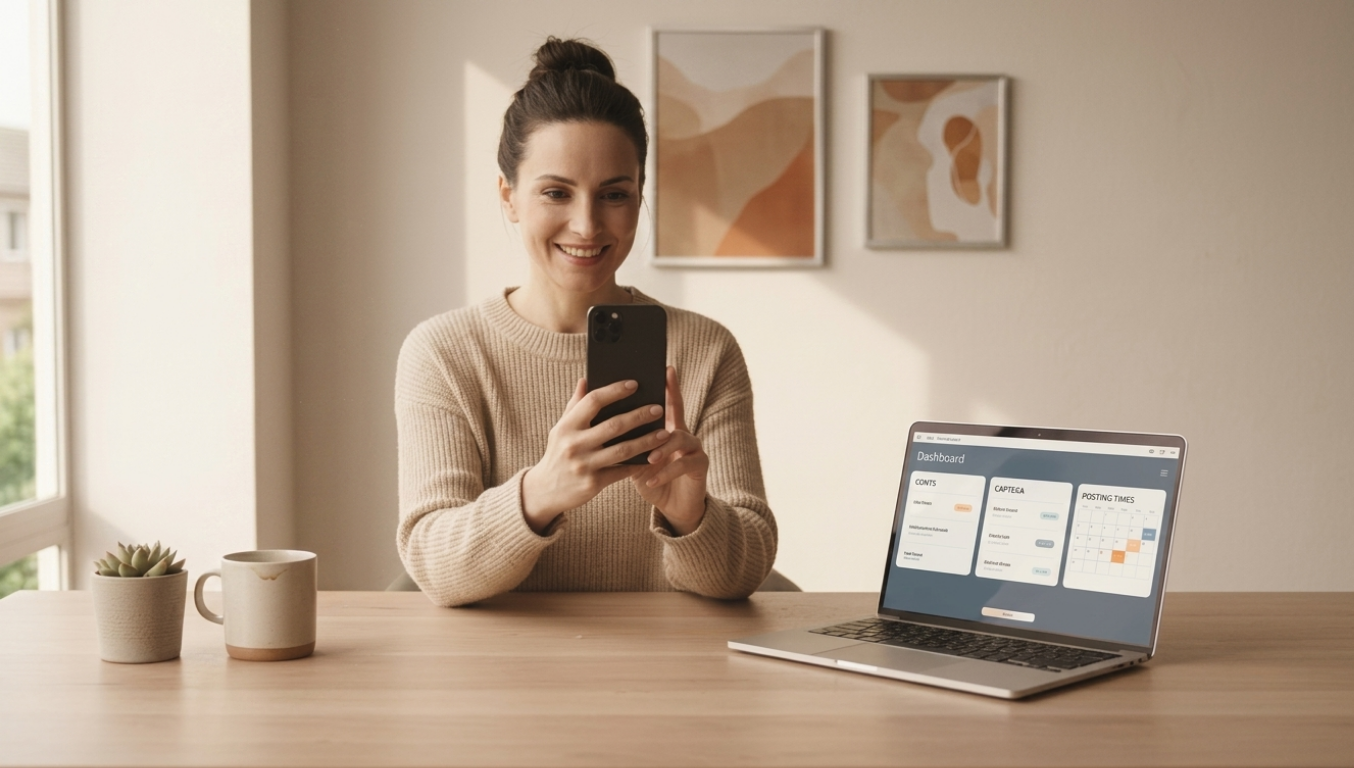 Small business owner recording video while AI suggests scripts and captions Small business owner recording video while AI suggests scripts and captions