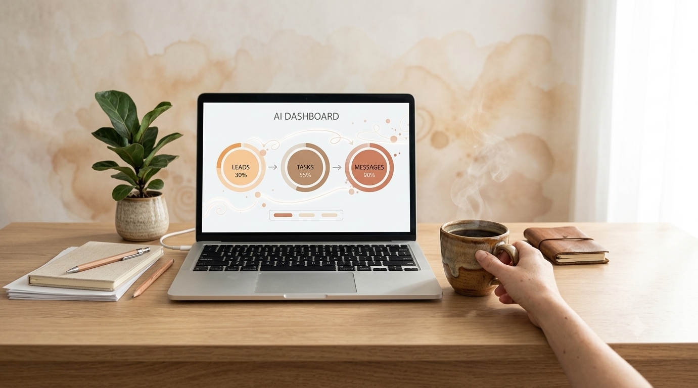 AI dashboard summarizing small business leads and tasks on a laptop in a neutral workspace