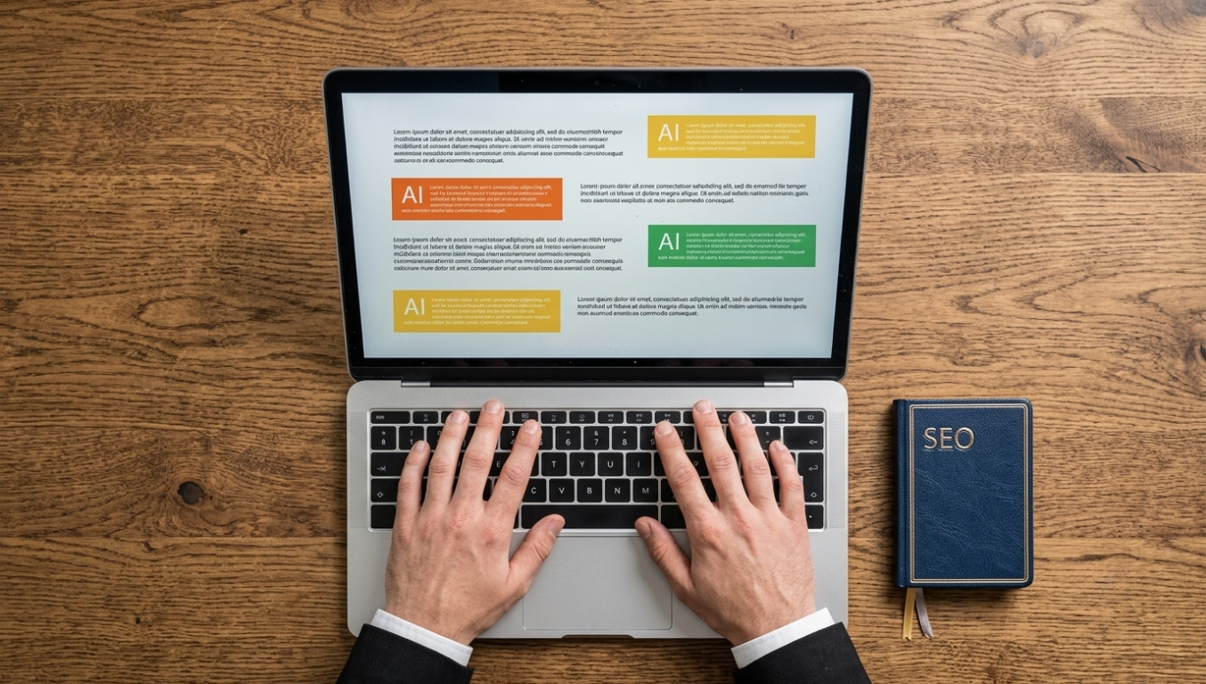 Marketer editing AI-generated content on a laptop with SEO notes nearby Marketer editing AI-generated content on a laptop with SEO notes nearby