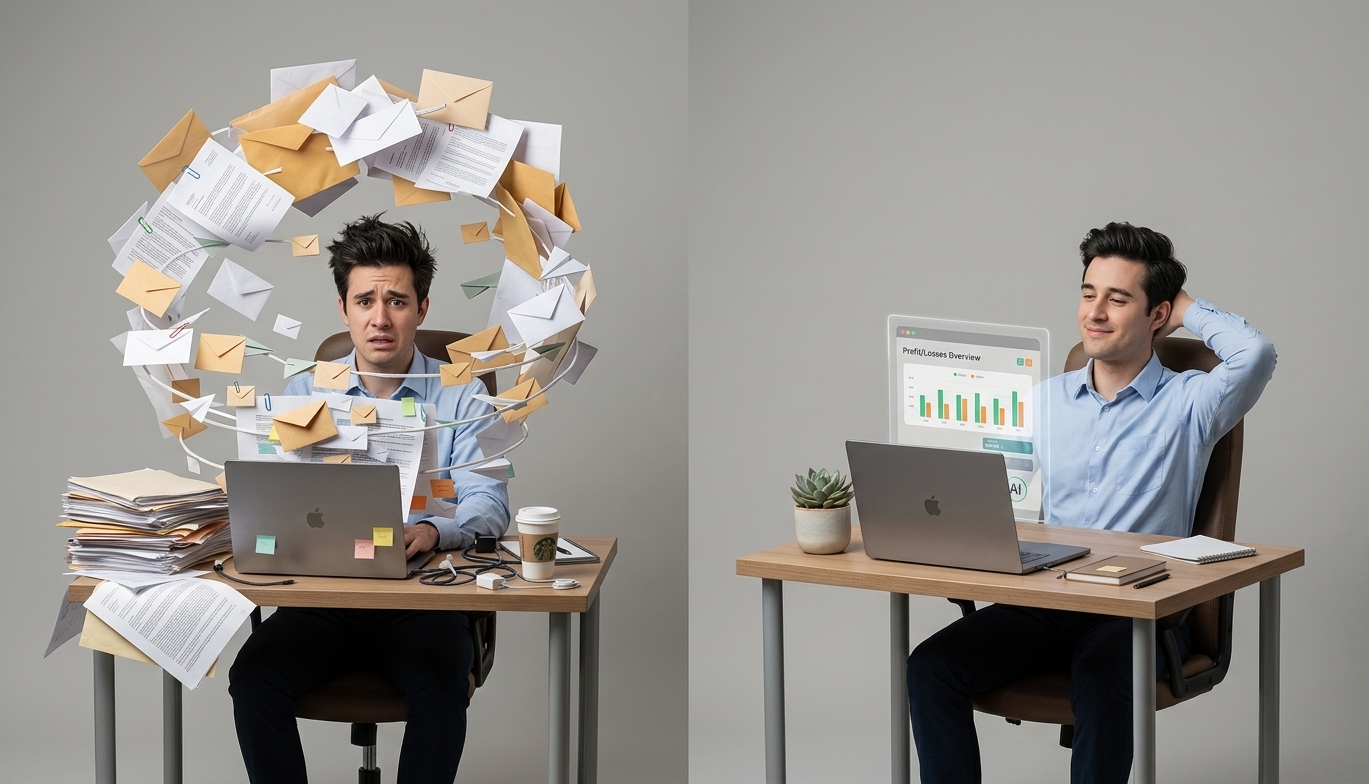 Comparison of cluttered inbox versus organized AI-prioritized email view for a small business owner Comparison of cluttered inbox versus organized AI-prioritized email view for a small business owner