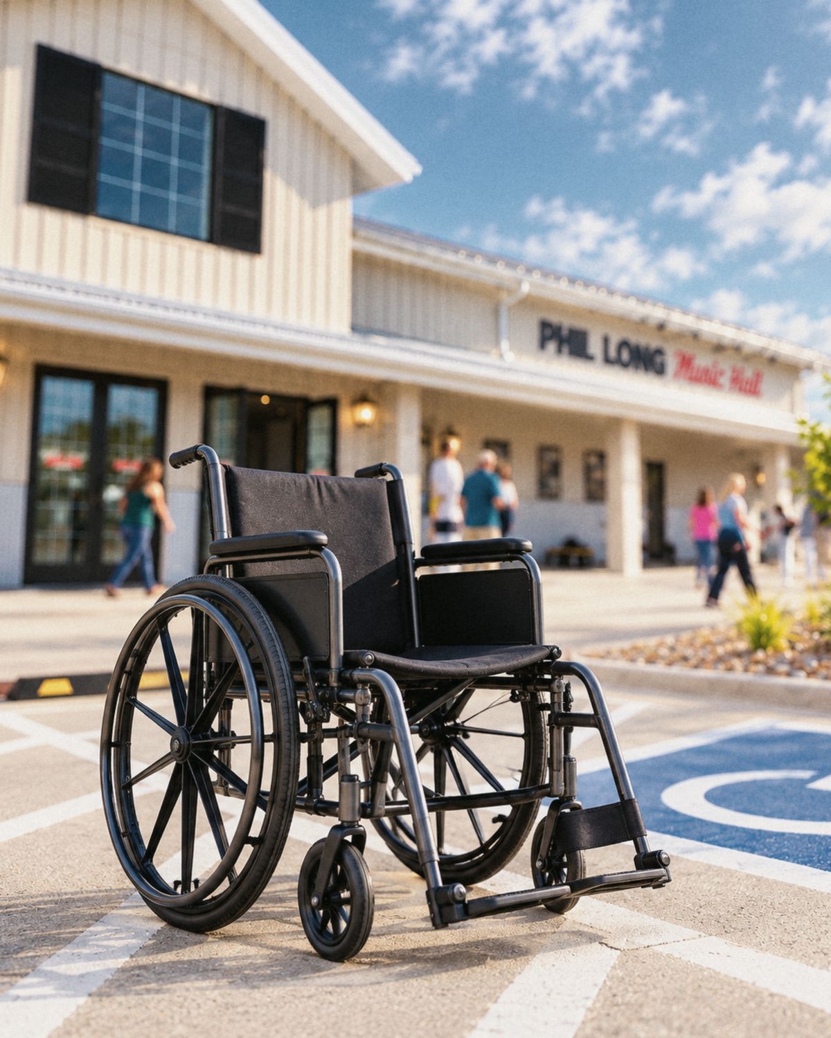 A wheelchair in an accessible parking space outside Phil Long Music Hall