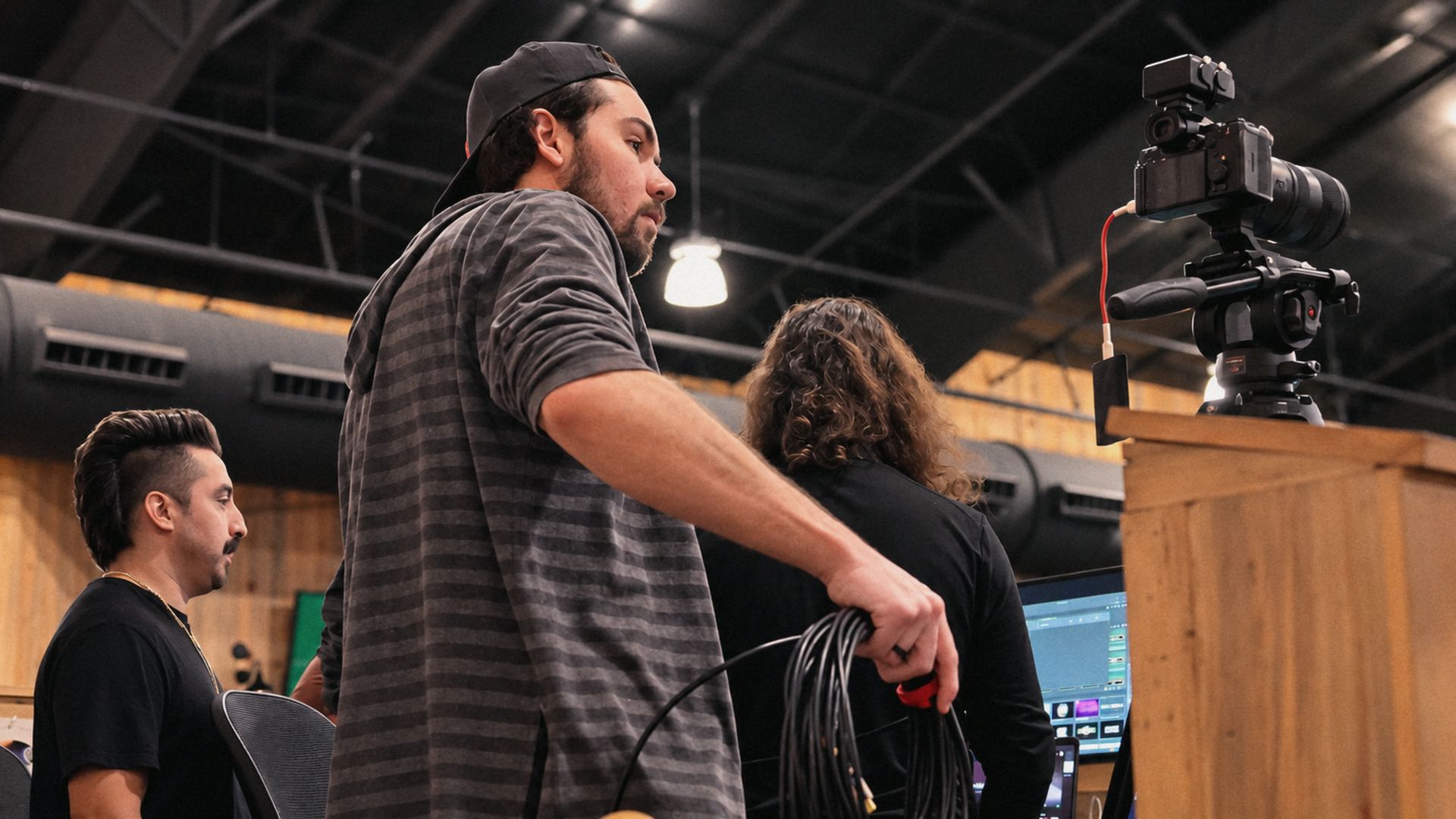 Volunteers running cameras and production during a Sunday gathering