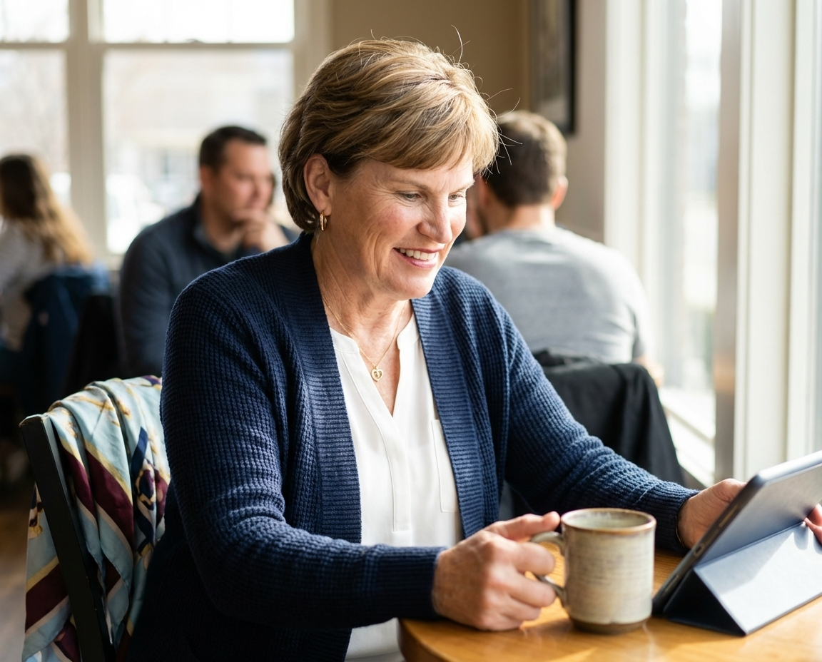 Carol Eddy reviewing client materials at a café