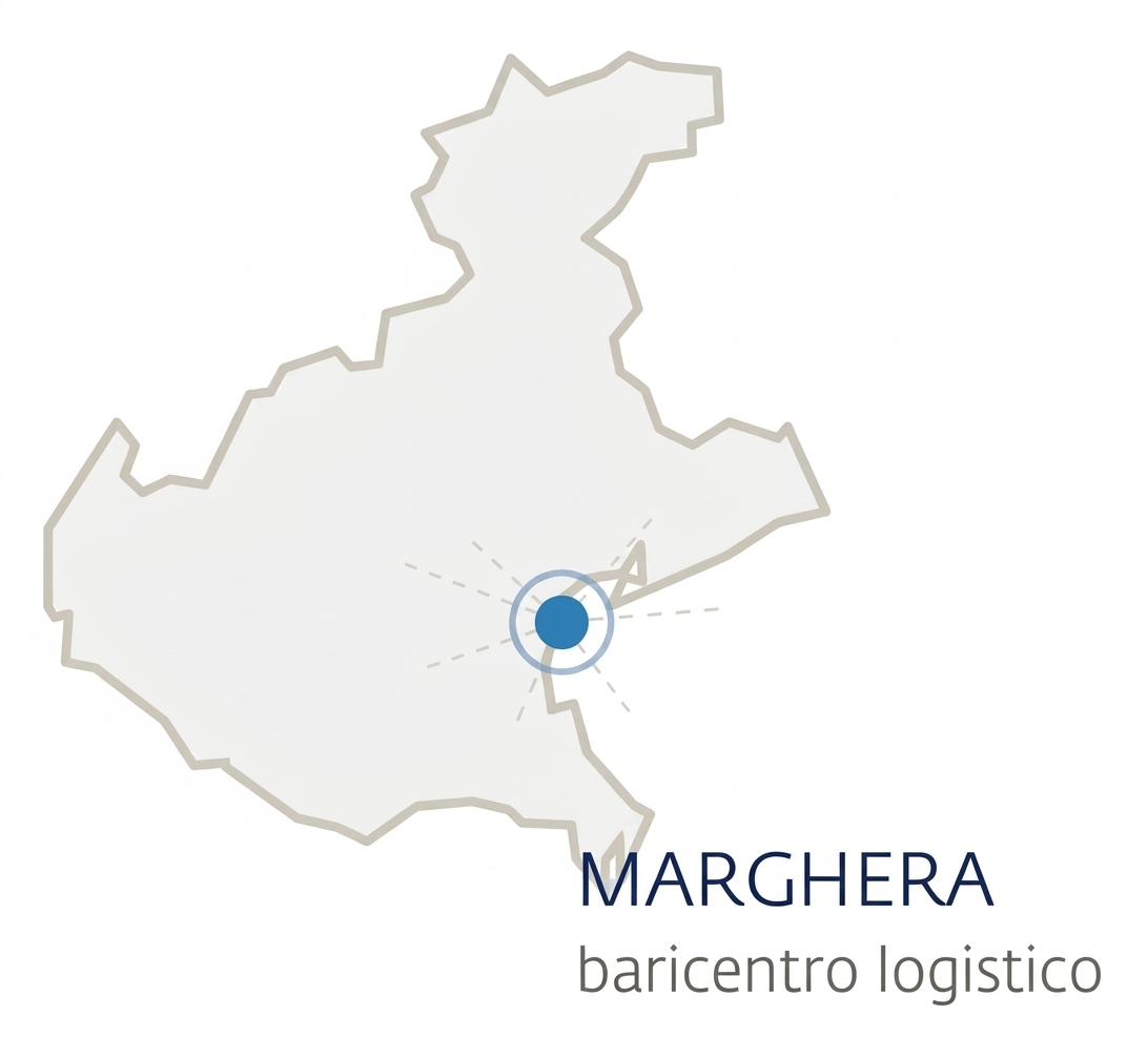 Cartina del Veneto con il punto della sede dei laboratori a Marghera, vicino a Venezia.