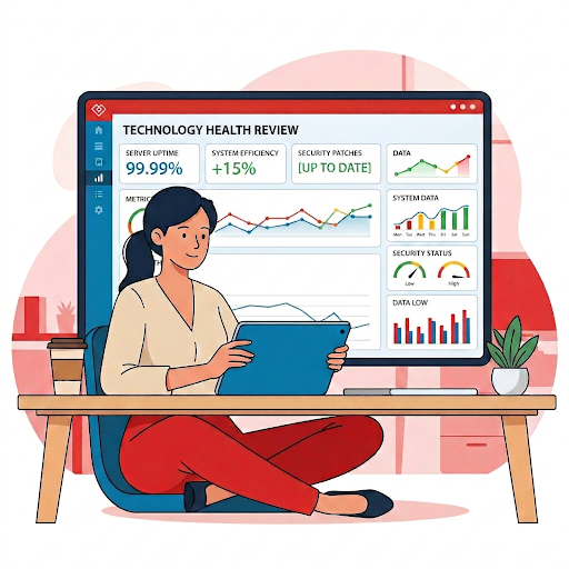 displays a comprehensive 'TECHNOLOGY HEALTH REVIEW' dashboard in landscape orientation. Multiple data widgets fill the tablet screen: 'SERVER UPTIME 99.99%', 'SYSTEM EFFICIENCY +15%', 'SECURITY PATCHES (UP TO DATE)', 'DATA' (line graph), 'SYSTEM DATA' (bar chart), and 'SECURITY STATUS
