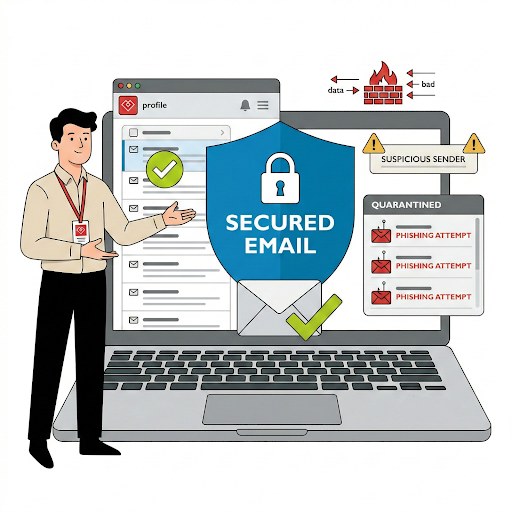 A cartoon illustration depicting a security professional presenting a secure email management interface on a laptop. The professional, standing to the left with a company badge, is gesturing to a laptop screen which displays a 'SECURED EMAIL' shield with a lock icon. The screen also features a list of emails with green checkmarks, a quarantined folder with red 'PHISHING ATTEMPT' emails, and a warning for 'SUSPICIOUS SENDER'. An upper-right schematic shows a firewall blocking malicious data flow, reinforcing the concept of advanced threat protection. The background is a clean white, and the style is modern and flat.