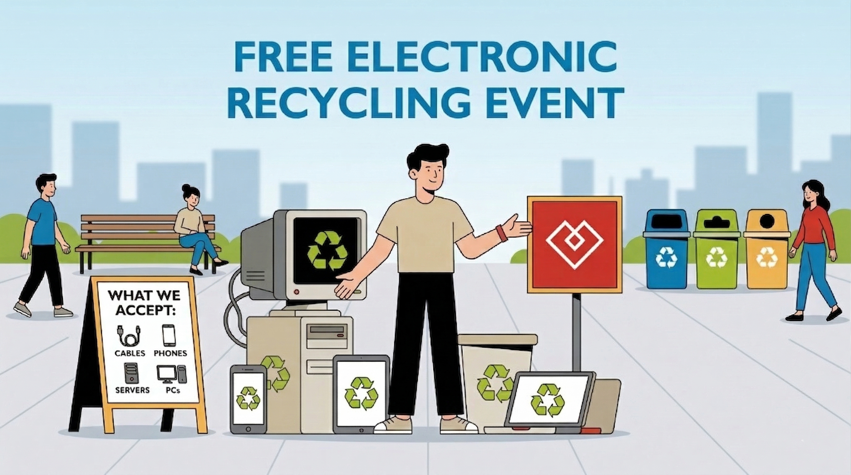 A clean 2D vector illustration promoting a "Free Electronic Recycling Event" featuring a welcoming character next to old computers and tablets marked with green recycling symbols and the Heartfelt IT logo. A clean 2D vector illustration promoting a "Free Electronic Recycling Event" featuring a welcoming character next to old computers and tablets marked with green recycling symbols and the Heartfelt IT logo.
