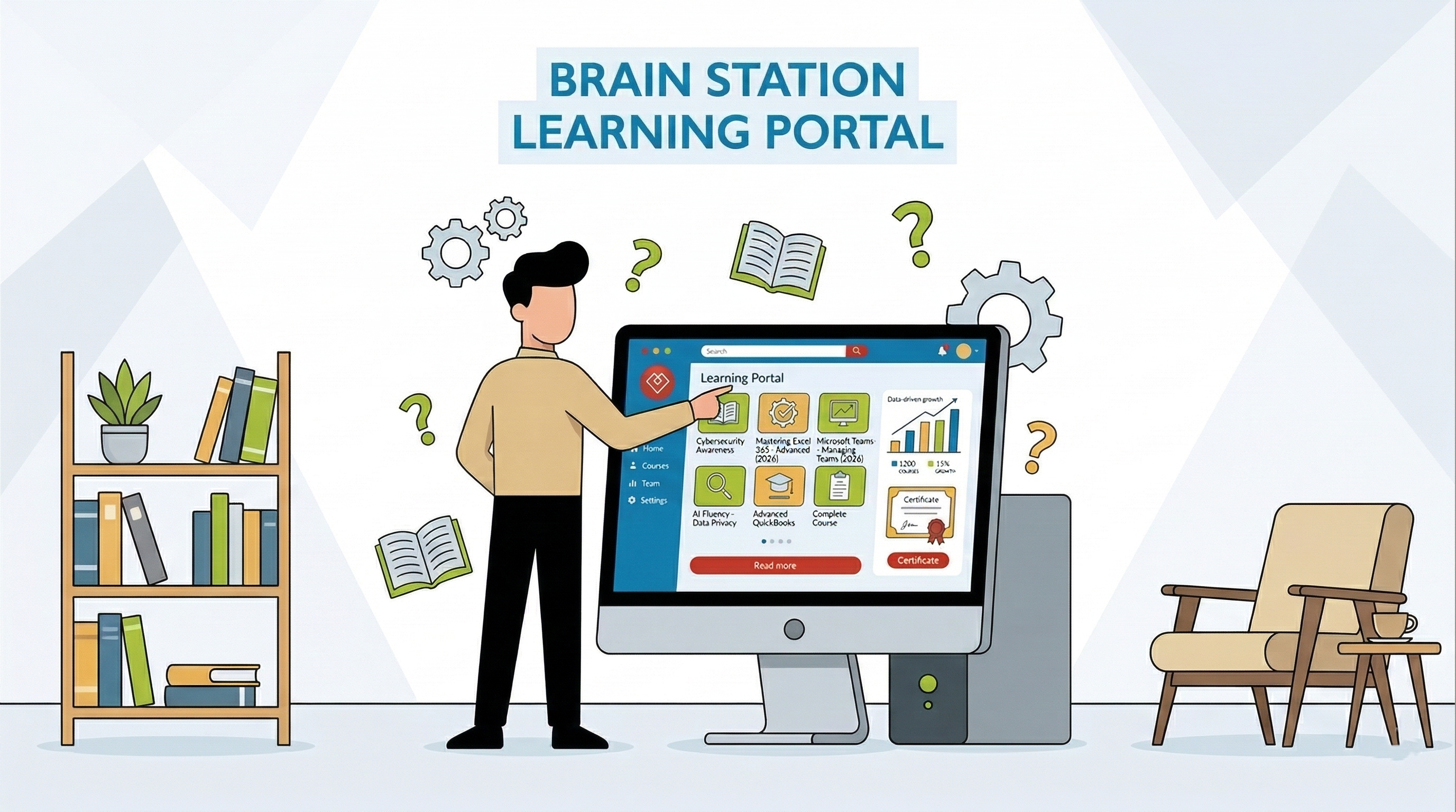 a wide-angle, infographic-style illustration of the Brain Station Learning Portal screen within a clean office or study room, surrounded by floating learning icons and detailed on-screen elements like the course grid (Cybersecurity, Excel 365, Teams) and certificate visualization.