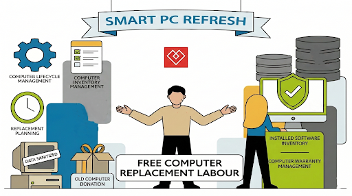 An infographic illustrating a "Smart PC Refresh" program. The image features several icons and people to represent different aspects of computer lifecycle management, including: Computer Inventory Management, Replacement Planning, Free Computer Replacement Labour, Installed Software Inventory, Computer Warranty Management, Old Computer Data Sanitization, and Old Computer Donation. A red diamond logo is in the center. An infographic illustrating a "Smart PC Refresh" program. The image features several icons and people to represent different aspects of computer lifecycle management, including: Computer Inventory Management, Replacement Planning, Free Computer Replacement Labour, Installed Software Inventory, Computer Warranty Management, Old Computer Data Sanitization, and Old Computer Donation. A red diamond logo is in the center.