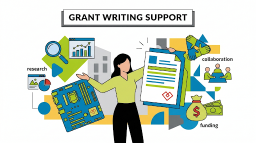a woman holds a grant document and a circuit board, illustrating the connections between grant writing support, technology infrastructure funding, and collaborative nonprofit growth.