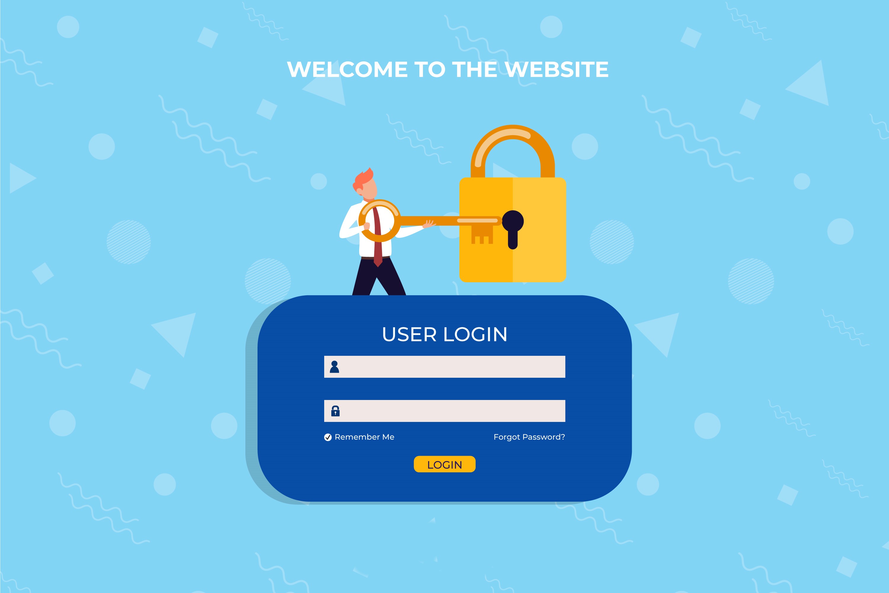 **Alt Text (SEO Optimized):** Flat vector illustration for a secure website user login page, featuring a stylized man holding a large golden key to unlock a massive padlock. Below them is a clean blue 'User Login' panel with username and password input fields, a 'Remember Me' checkbox, a 'Forgot Password?' link, and a golden 'LOGIN' button. The background is light blue with a geometric pattern. Ideal for content related to web security, portal access, and account authentication best practices.