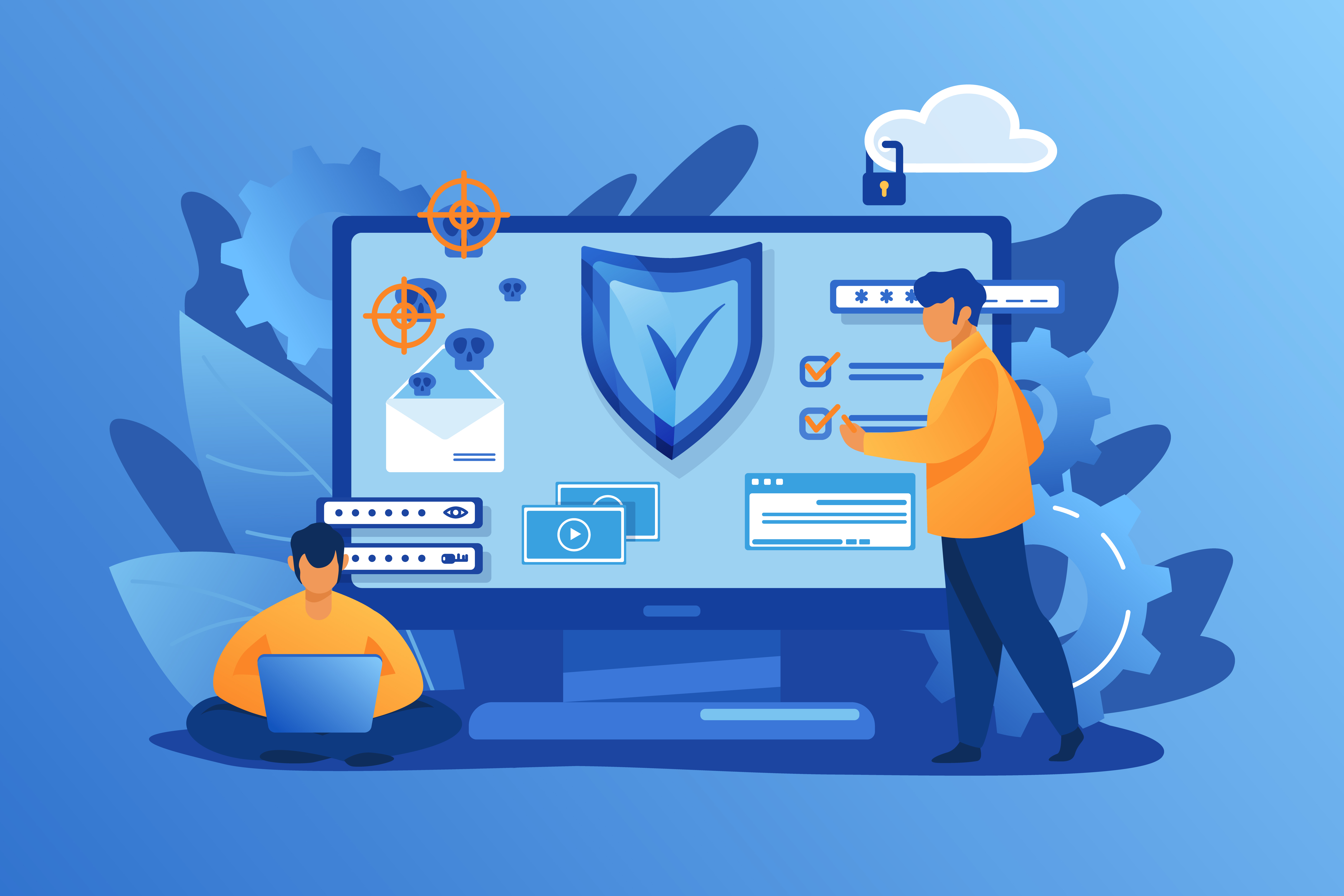**Alt Text (SEO Optimized):** A detailed Corporate Memphis-style flat vector illustration depicting secure online data protection. The scene features a central large monitor with a secure checkmark shield, biometric fingerprint scan, user verification steps, and a lock. A man in an orange shirt with a stylus enters data, while another person works on a laptop. Secure watermarks of heart-diamond icons, are present throughout the gears, cloud, and shield. Floating icons for 'Zoom', 'M365', 'Google Workspace', and 'Keeper' are linked. Ideal for content related to web forms, data privacy, user authentication, digital security best practices, and secure data handling for websites.