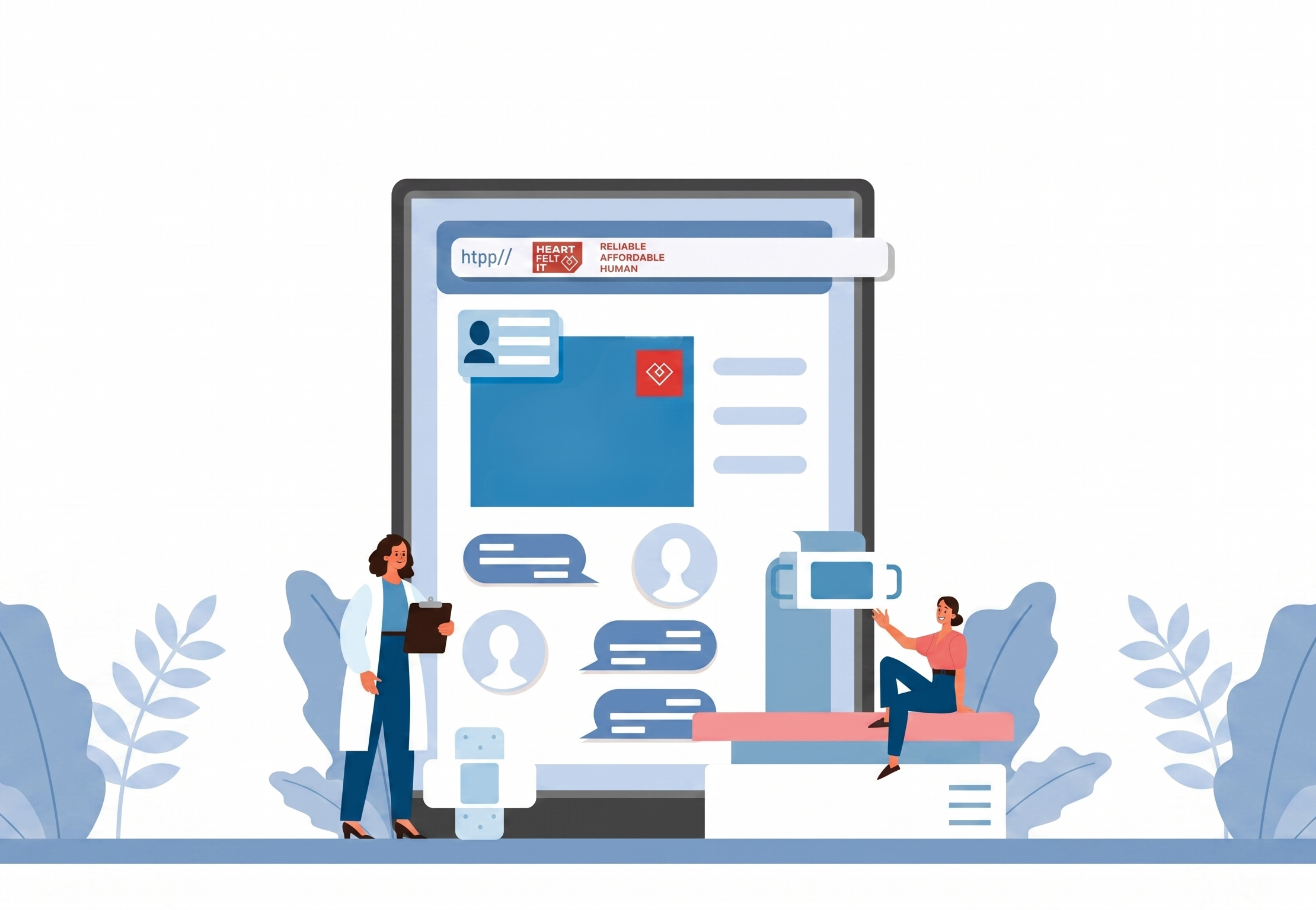 Flat vector illustration of a telehealth platform interface titled "Heart Felt It," featuring a female doctor with a clipboard and a patient using a digital medical device, representing reliable and affordable virtual technology services.