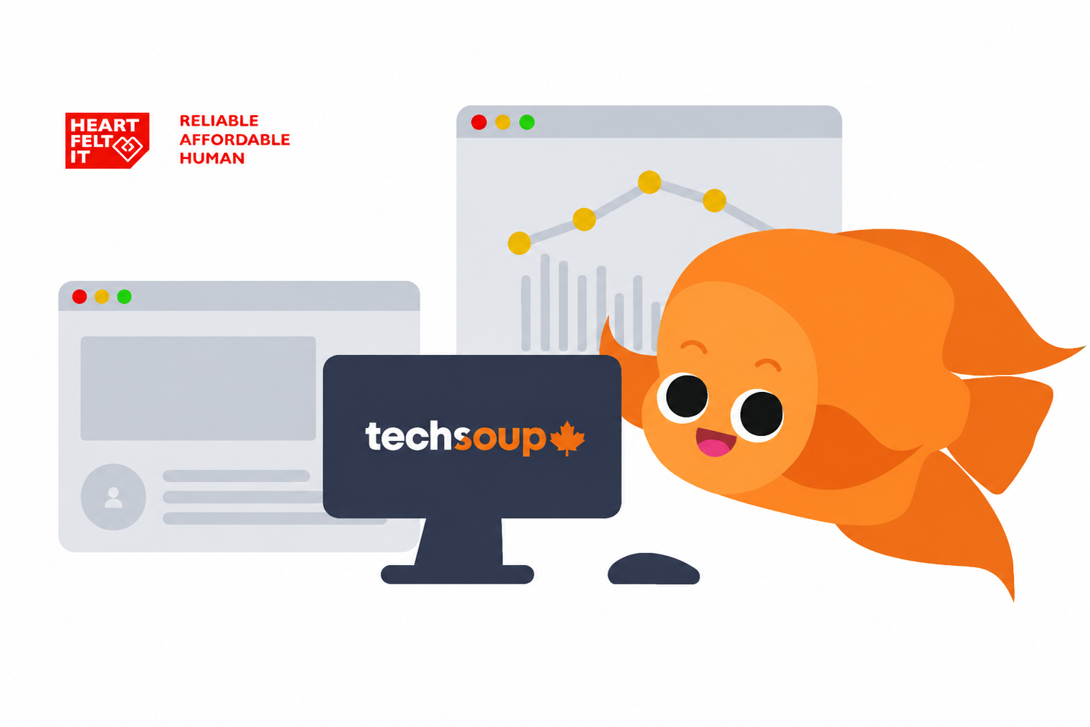 A playful flat illustration featuring the TechSoup Canada logo on a computer monitor alongside a friendly orange fish character and digital window overlays showing data charts. This represents Heartfelt IT's specialized TechSoup setup and optimization services for charities and nonprofits. A playful flat illustration featuring the TechSoup Canada logo on a computer monitor alongside a friendly orange fish character and digital window overlays showing data charts. This represents Heartfelt IT's specialized TechSoup setup and optimization services for charities and nonprofits.