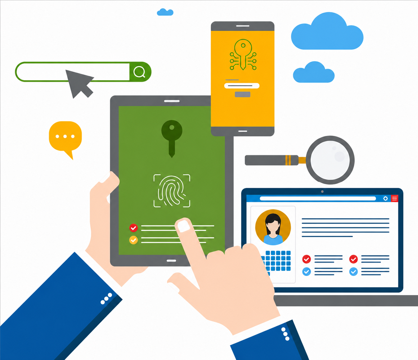 Alt text: Illustration of a digital security and identity verification system showing hands using a tablet with a fingerprint scan interface. Surrounding elements include a smartphone with a security key icon, a laptop displaying a user profile and checklist, a search bar, speech bubble, magnifying glass, and cloud icons. The design uses green, blue, yellow, and gray colors to represent cybersecurity, authentication, and online account protection. Alt text: Illustration of a digital security and identity verification system showing hands using a tablet with a fingerprint scan interface. Surrounding elements include a smartphone with a security key icon, a laptop displaying a user profile and checklist, a search bar, speech bubble, magnifying glass, and cloud icons. The design uses green, blue, yellow, and gray colors to represent cybersecurity, authentication, and online account protection.