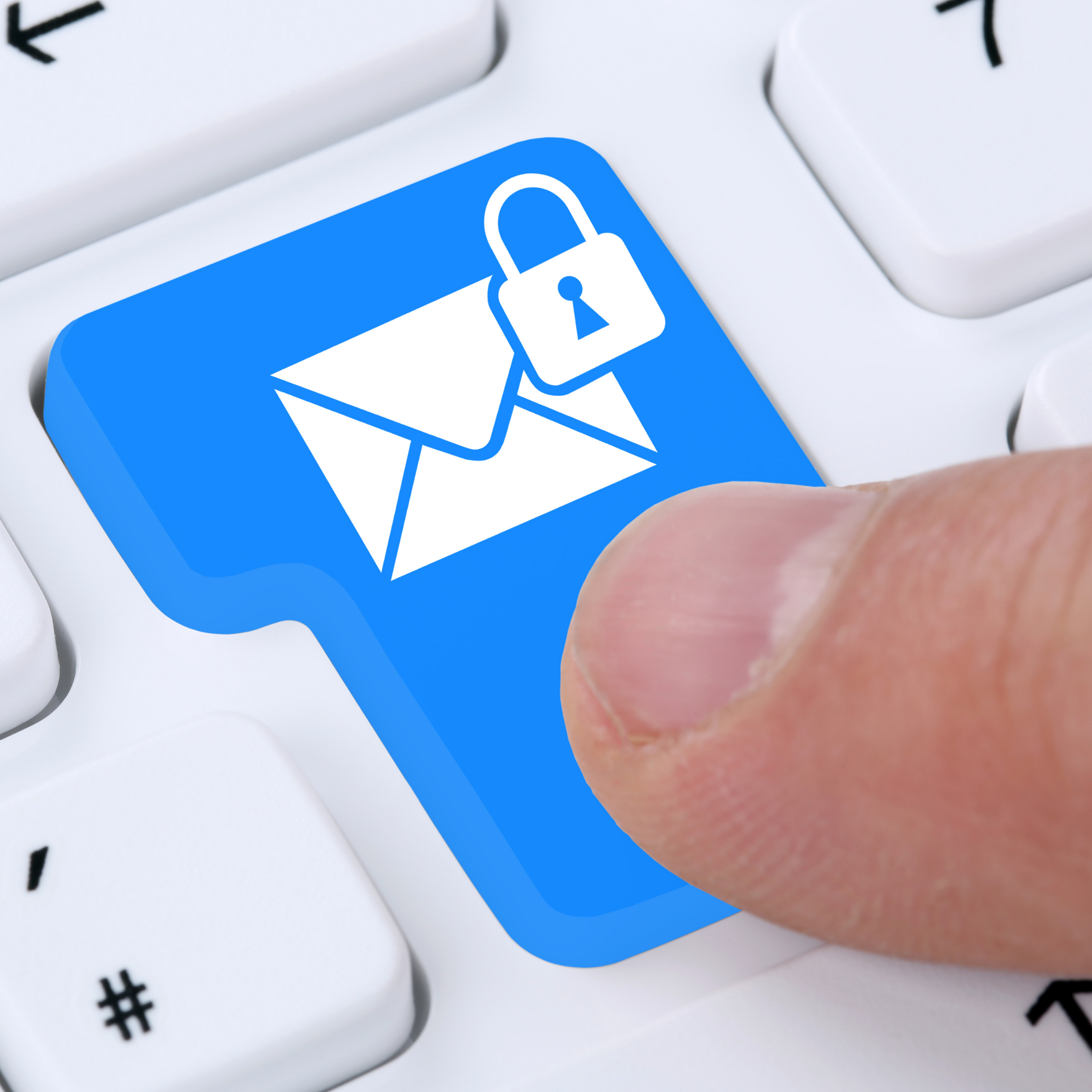 A close-up shot of a person's finger pressing down on a bright blue Enter key on a white computer keyboard. The blue key features a white graphic illustration of an envelope with a closed padlock overlapping its top right corner, symbolizing secure email or encrypted messaging.