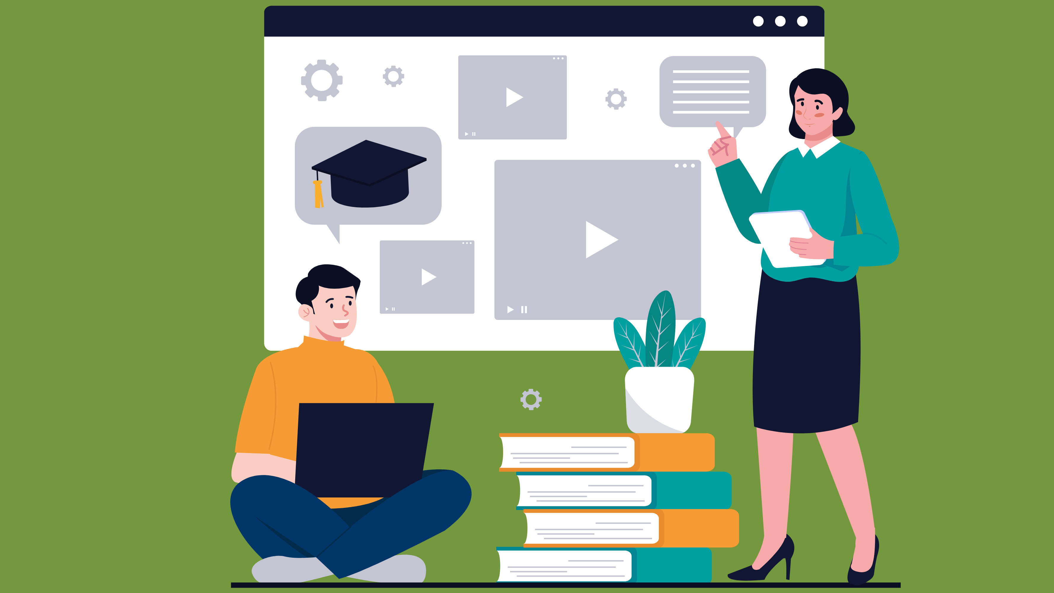 Flat vector illustration representing online learning, featuring a man sitting cross-legged with a laptop and a woman standing while holding a tablet and gesturing toward a large web browser display containing video players, a graduation cap icon, and text bubbles against a solid green background.