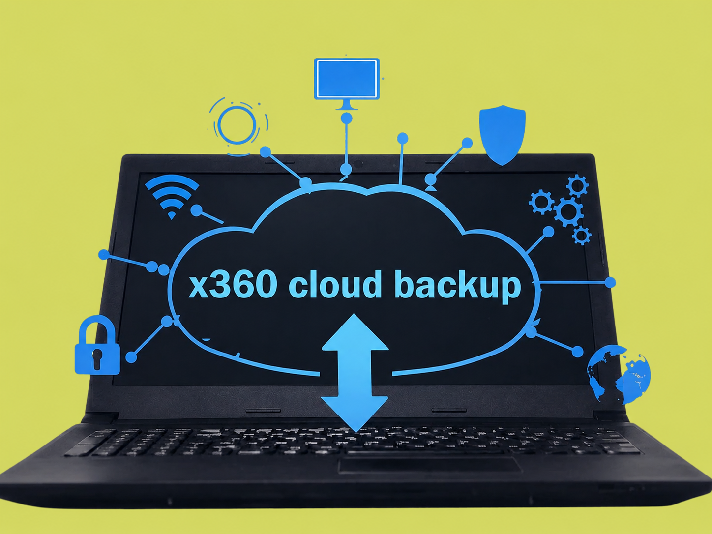 Laptop displaying an X360 Cloud Backup interface with cloud connectivity icons, security symbols, and upload/download graphics, illustrating secure cloud backup, data protection, and automated backup for Microsoft 365 and Google Workspace. Laptop displaying an X360 Cloud Backup interface with cloud connectivity icons, security symbols, and upload/download graphics, illustrating secure cloud backup, data protection, and automated backup for Microsoft 365 and Google Workspace.