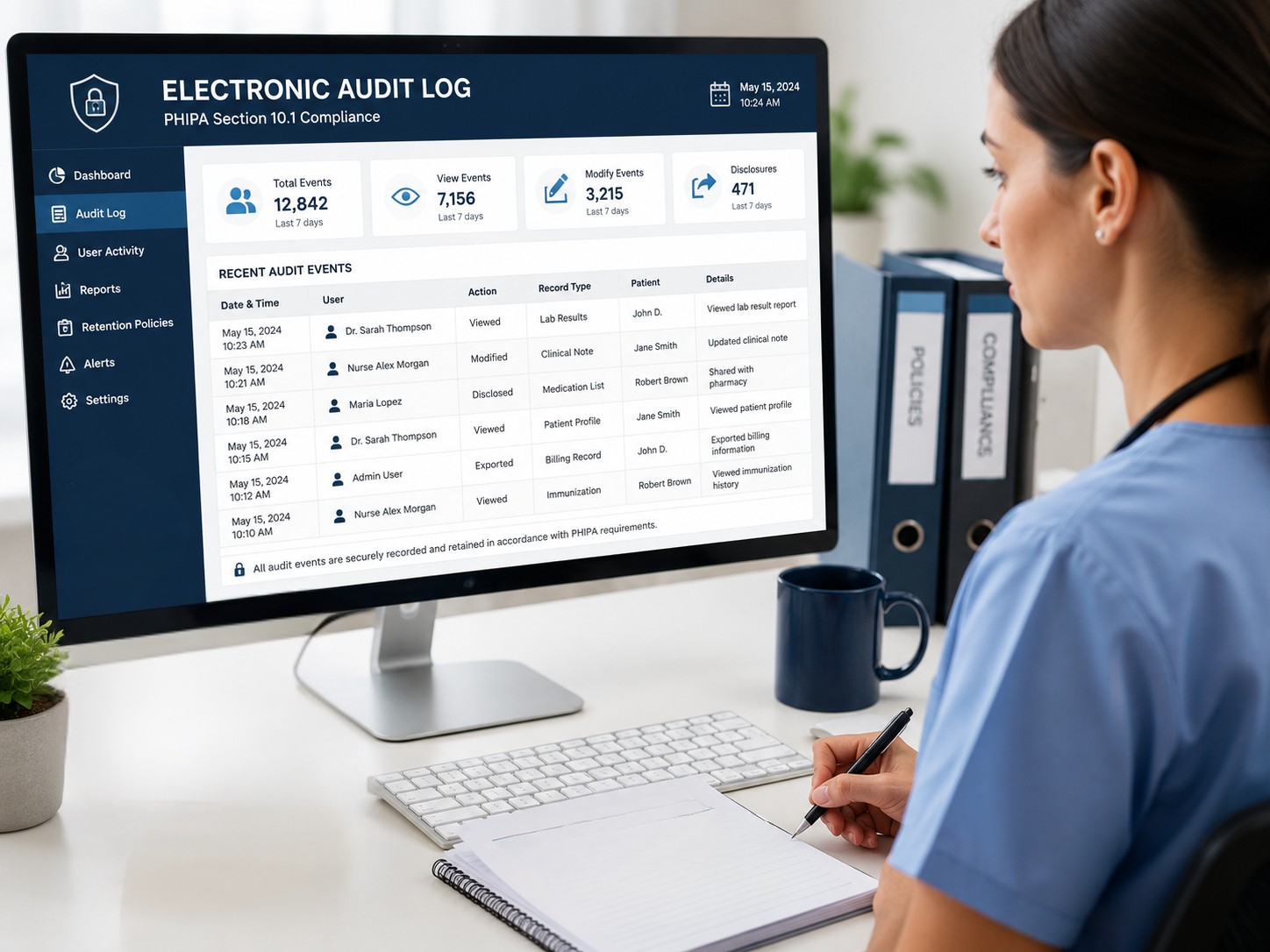 Healthcare professional reviewing an electronic audit log dashboard on a computer, illustrating PHIPA Section 10.1 and PIPEDA compliance, secure access monitoring, audit trail management, and electronic health information governance in a Canadian healthcare environment. Healthcare professional reviewing an electronic audit log dashboard on a computer, illustrating PHIPA Section 10.1 and PIPEDA compliance, secure access monitoring, audit trail management, and electronic health information governance in a Canadian healthcare environment.