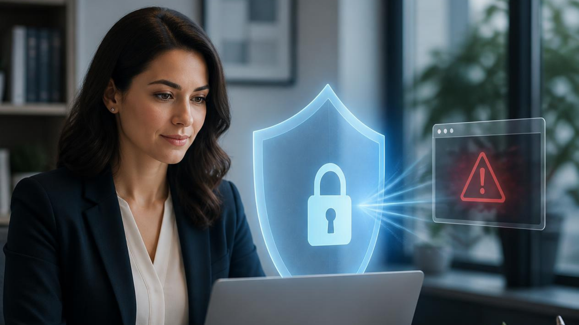 A professional office employee viewing a laptop while a subtle blue security shield blocks a suspicious browser alert; modern, trustworthy, no readable screen text.