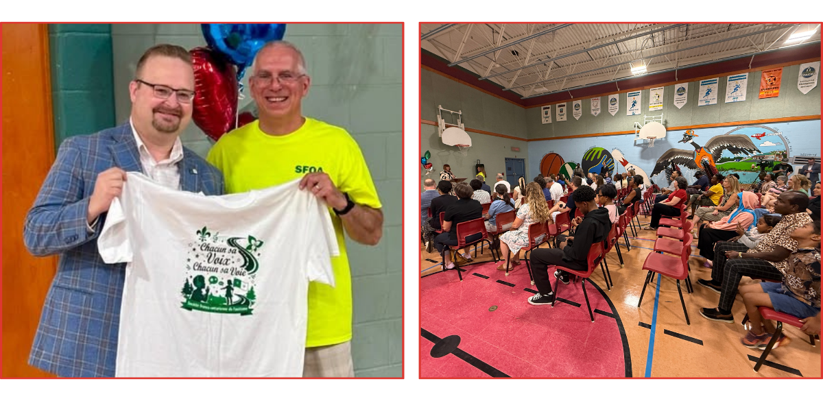 Photo inside a school gymnasium during a community event, alongside a photo of attendees seated and watching a presentation.