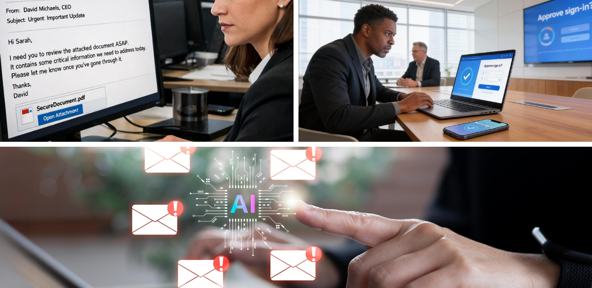 AI-powered phishing emails, fraudulent sign-in requests, and cybersecurity threats targeting business users and cloud accounts.