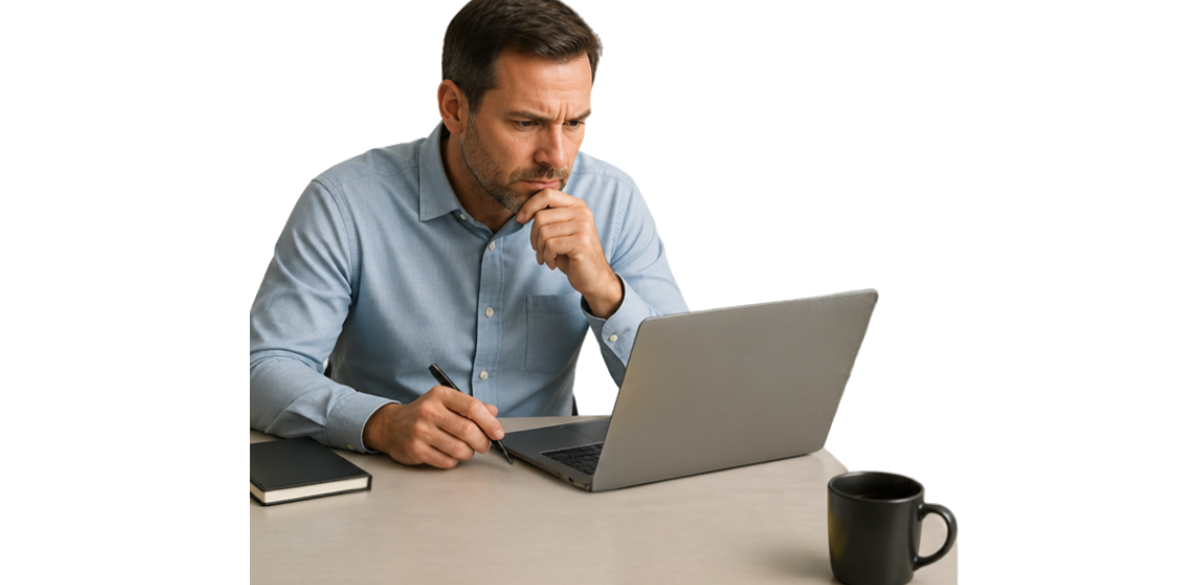 Manager reviewing a suspicious payment request on a laptop before approving it.