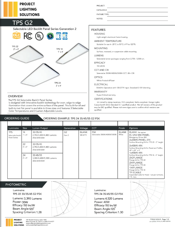 Lighting Specsheet: Seletable LED Backlit Panel Series Gen2