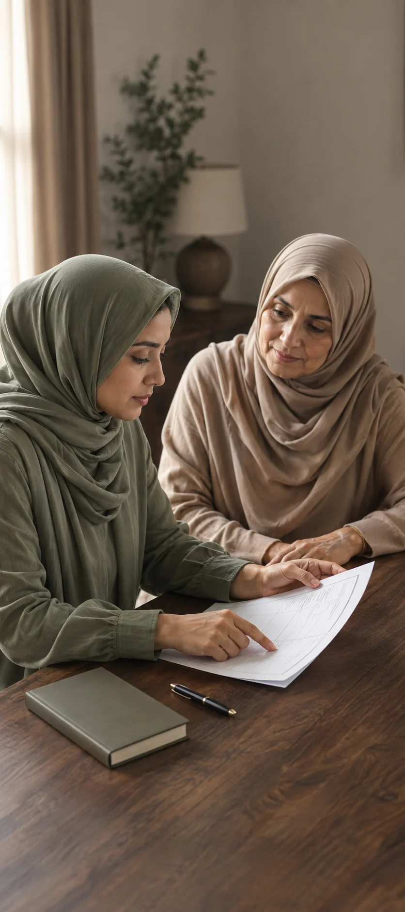 A Muslim woman having a thoughtful marriage conversation with a trusted mentor