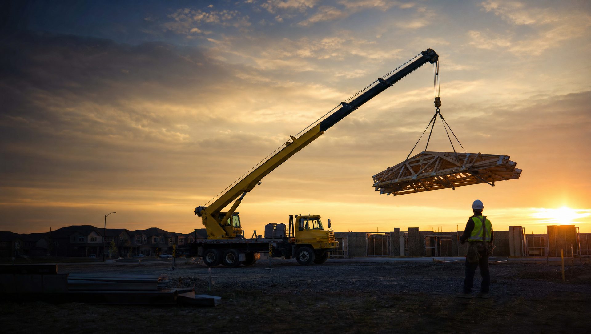 Oxford Crane mobile crane lifting steel trusses at a Toronto residential construction site at sunset