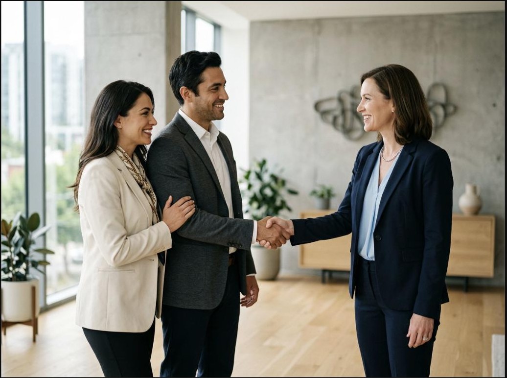 Attorney shaking hands with a prospective client couple after a consultation