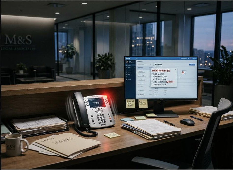 Missed calls piling up on an office monitor next to an unattended, ringing office phone
