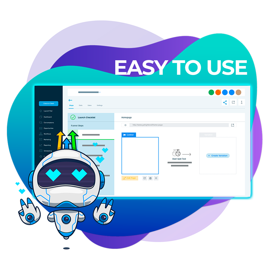 HighLevel builder interface shown as an easy-to-use marketing and funnel setup
