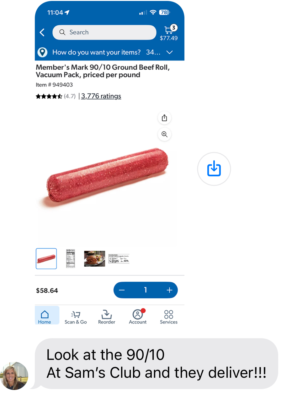 Sam's Club app screenshot showing bulk ground beef with customer iMessage
