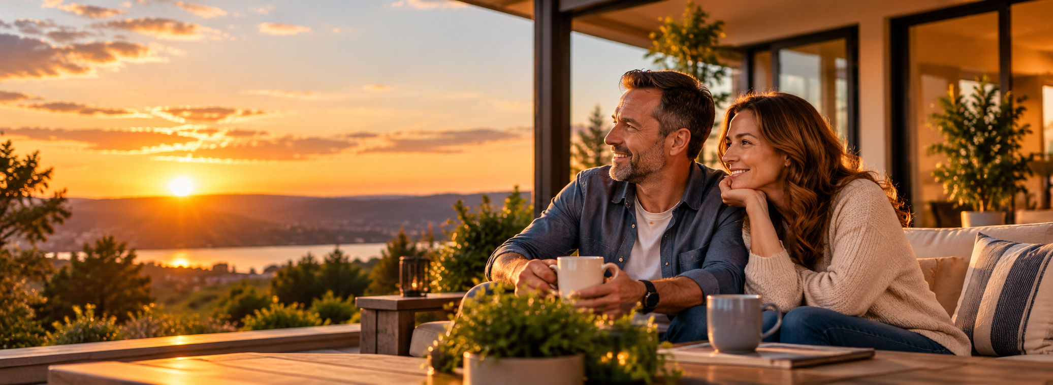 A couple watching the sunset together from a lakeside terrace