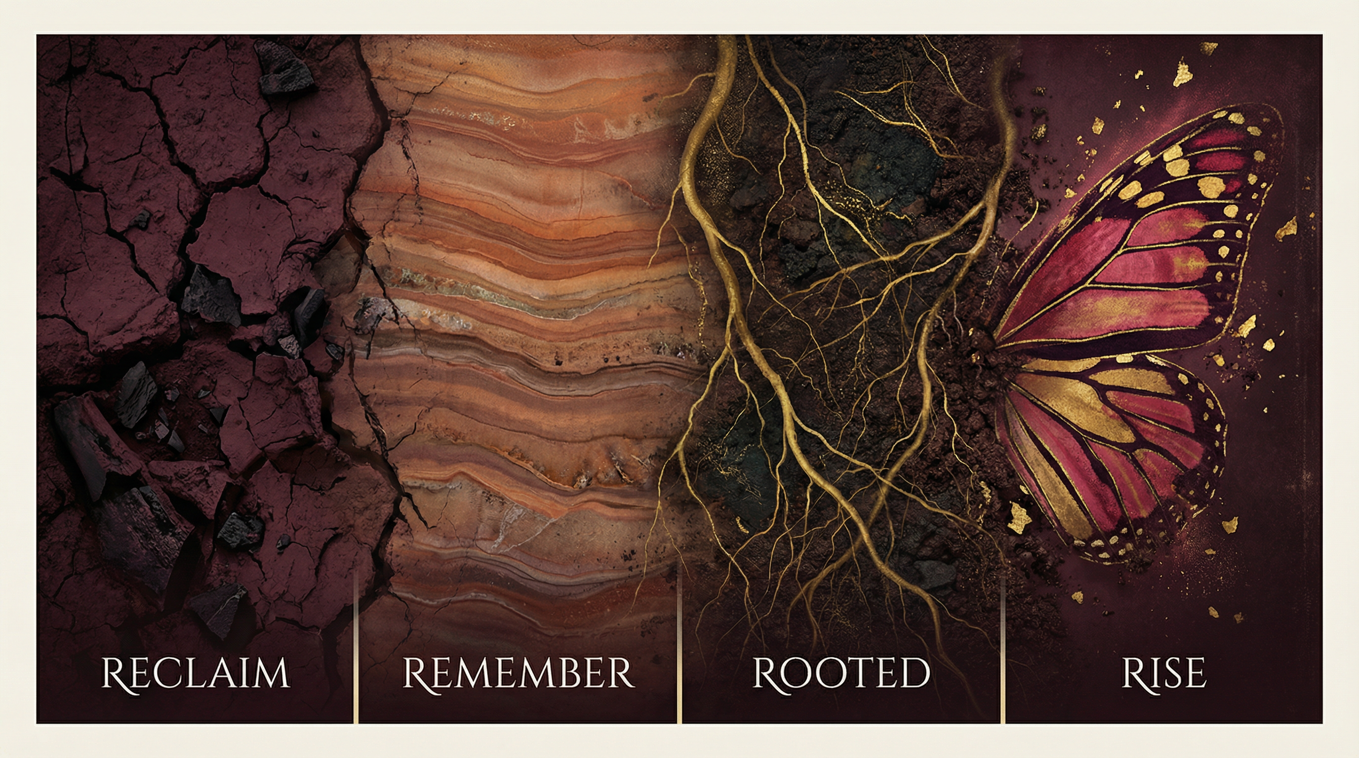 Four-panel formation visual showing the Monarch Framework PROCESS stages: Reclaim, Remember, Rooted, Rise