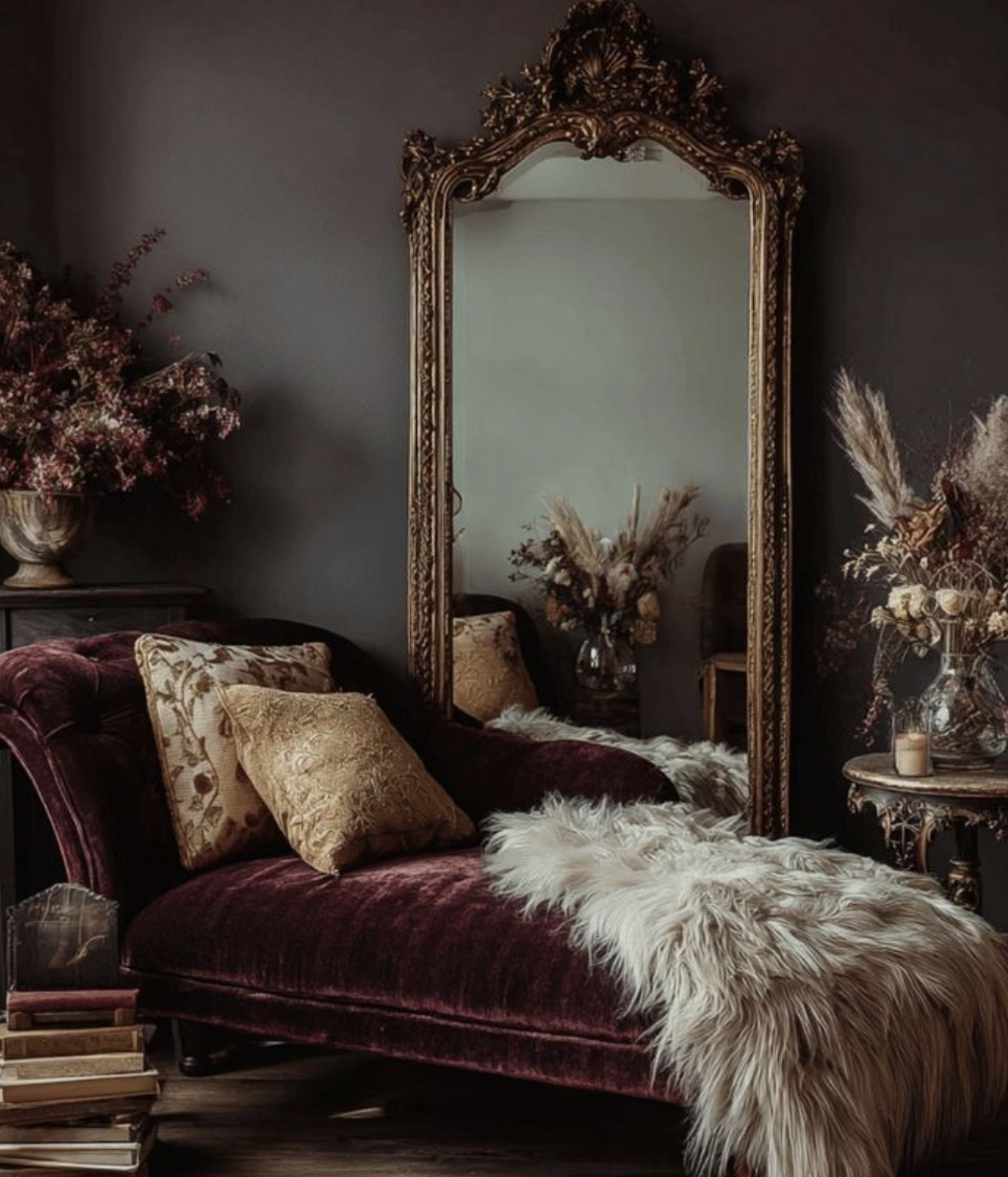 A dark, feminine vintage-inspired dressing room with a velvet chaise longue, ornate mirror and soft furnishings, representing the traditional meaning of the French word boudoir – a woman’s private dressing room or personal space.