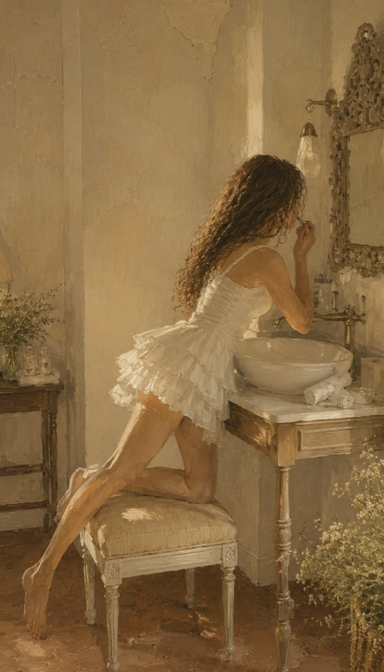 This painting shows a woman in a soft, private dressing-room moment, which actually fits your boudoir blog really well. She is wearing a delicate white ruffled slip or nightdress and is kneeling on a cushioned stool in front of an ornate vanity mirror. She appears to be getting ready or applying makeup, completely absorbed in her own reflection.  The room itself is warm, muted and feminine, with an antique-style vanity, decorative mirror, glass wall light, flowers and little bottles and personal items around her. The golden, painterly lighting makes the whole scene feel quiet, intimate and almost secret, like we're seeing a moment that would normally happen behind closed doors.