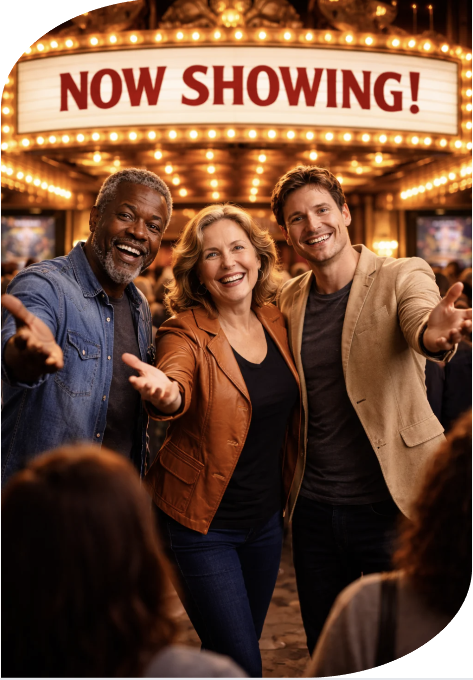 Theatermakers celebrating under a Now Showing marquee