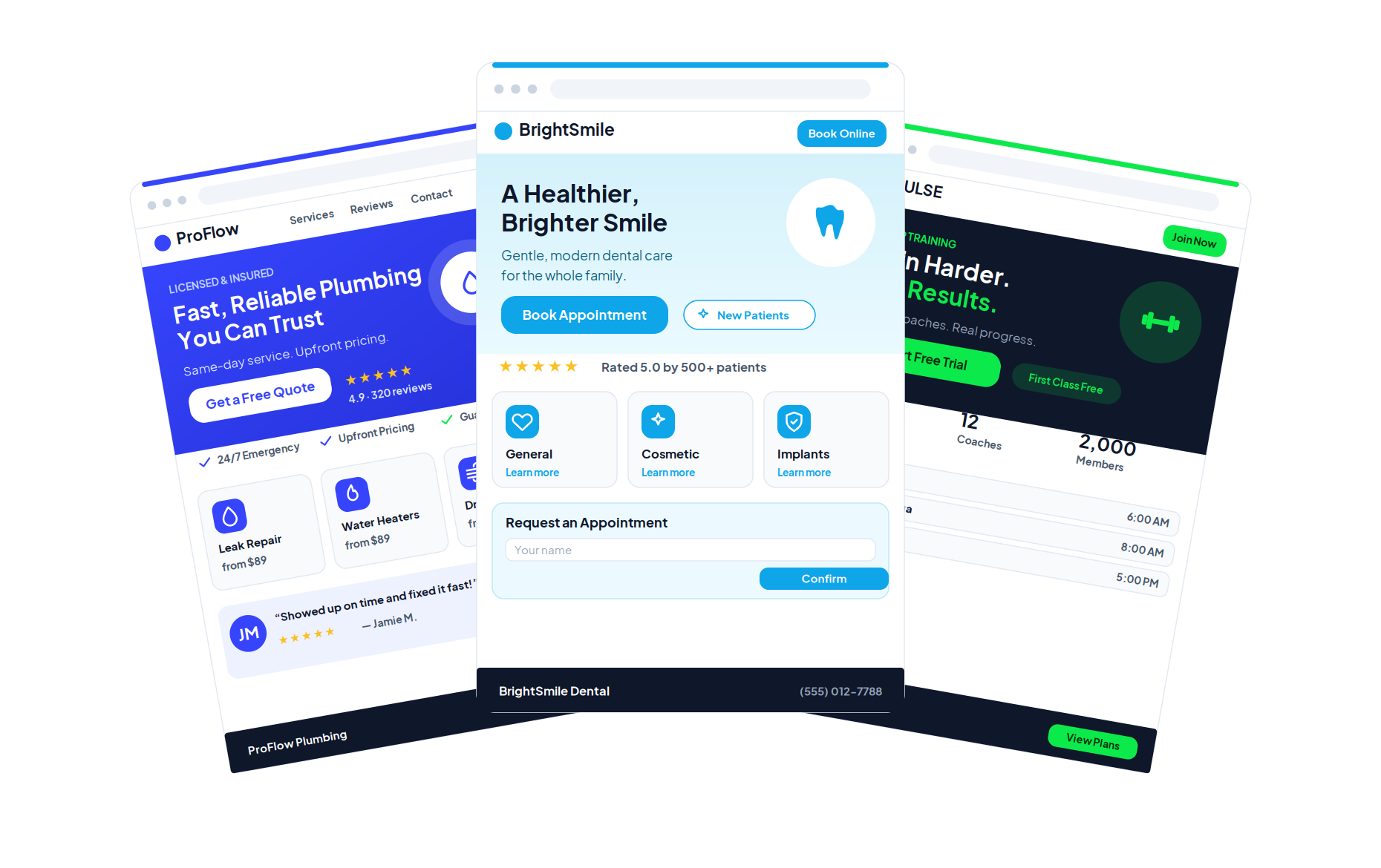 Examples of BIZREVAI lead-generating website builds for home services, dental, and fitness businesses