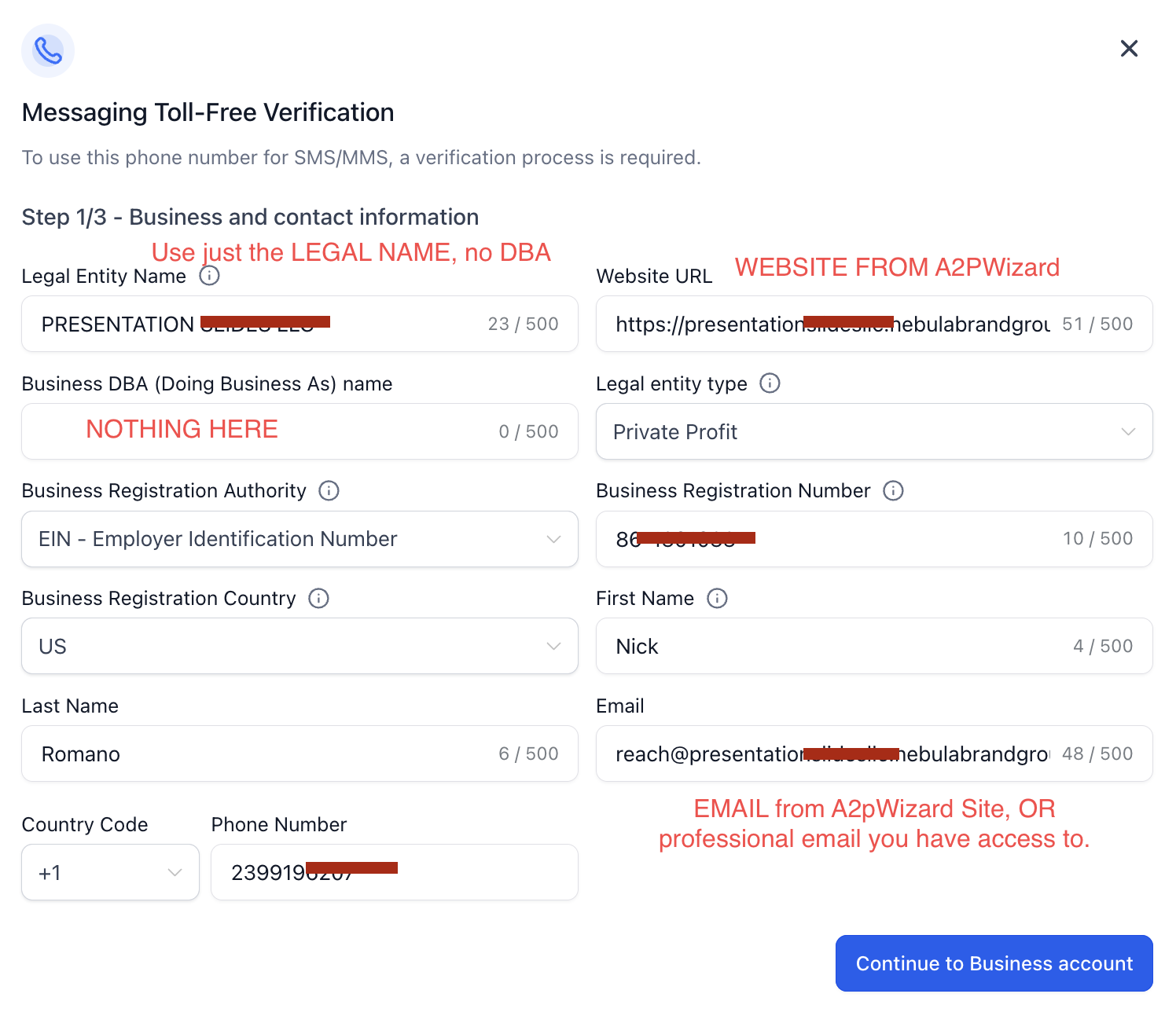 Toll-Free Step 1 - Business and Contact Info