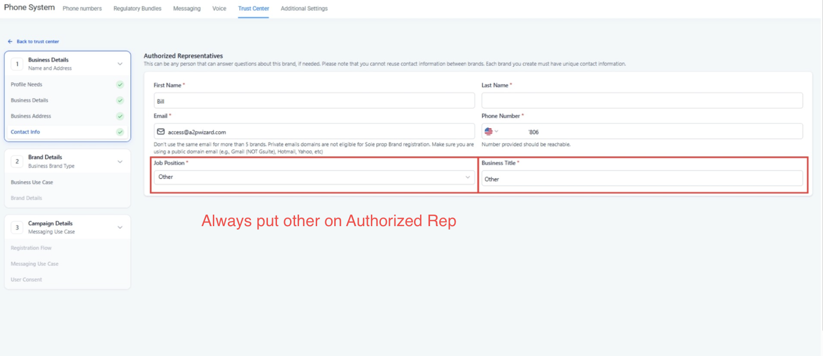 Authorized Representative - Job Position and Business Title set to Other